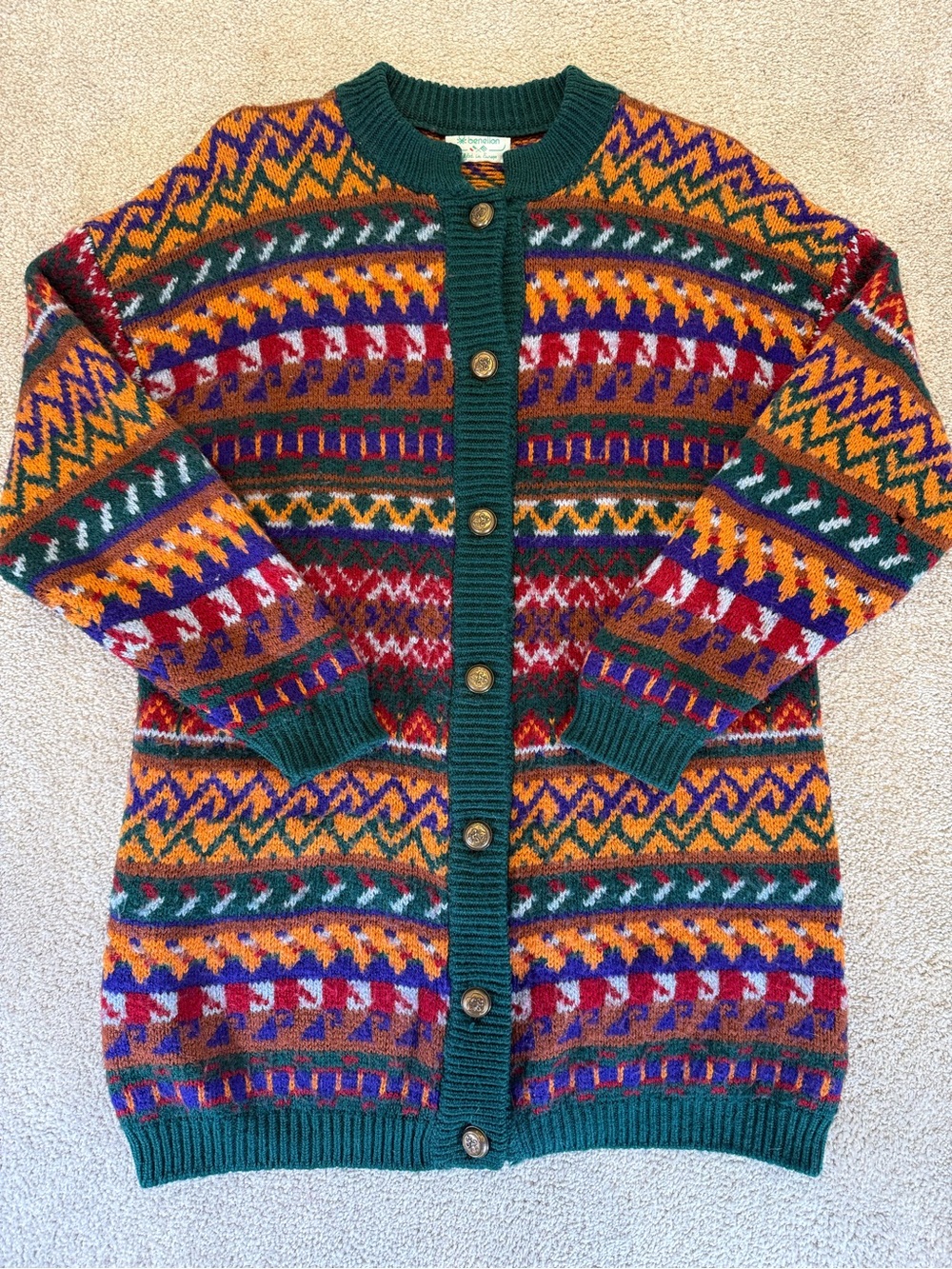 Vintage Benetton Wool Cardigan Sweater Colorful Fair Isle Nordic Made in Europe